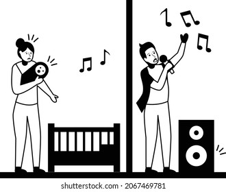 Baby Cant Sleep Due Loud Music Vector Icon Design, Neighbourhood Conflicts Stock Illustration, Bad Neighbors Symbol, Noisy Neighbour Singer Concept