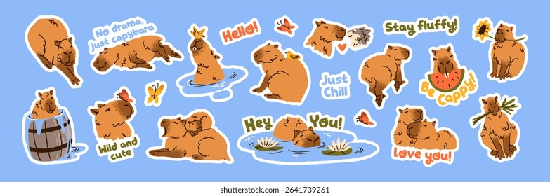 Baby capibara stickers set. Cute capybaras are swimming in pond, bathing in barrel. Funny rodents relax in water, sleep and lying. Happy animals chill, have a rest. Flat isolated vector illustrations