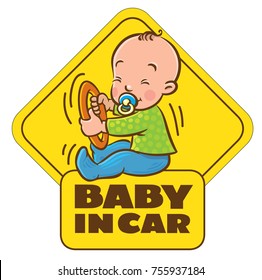 Baby in car. Funny small child with dummy. Boy or girl with the ring, like a driver with steering wheel. The sticker on the back window of the car. Children vector illustration with text