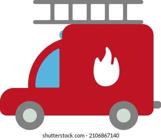 Baby car icon. Fire rescue vehicle in flat cartoon style for kids. Red fire engine with ladder, emergency light. Clip art transport of city fire department. Illustration for children's product design.