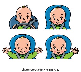 Baby in car icon set. Boy or girl in the seat