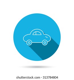 Baby car icon. Transport sign. Toy vehicle symbol. Blue flat circle button with shadow. Vector