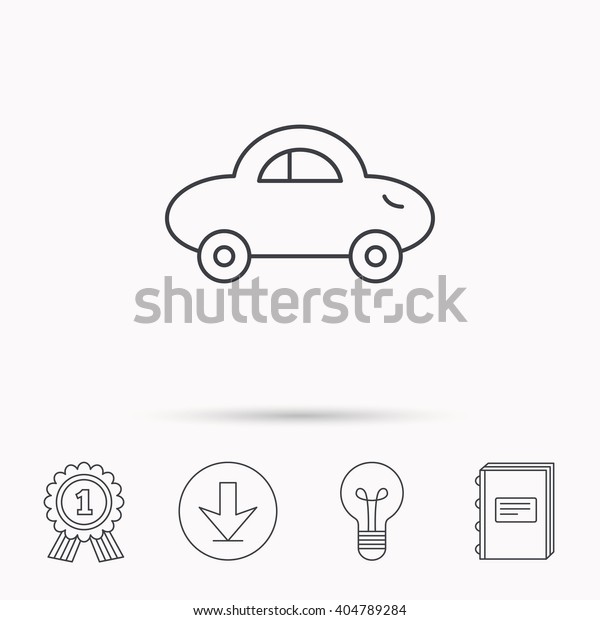 Baby car icon.\
Transport sign. Toy vehicle symbol. Download arrow, lamp, learn\
book and award medal\
icons.