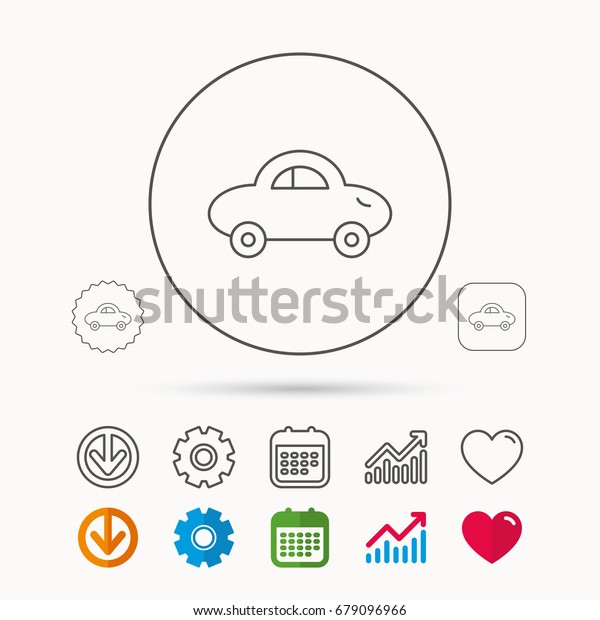 Baby car icon. Transport sign. Toy vehicle symbol.\
Calendar, Graph chart and Cogwheel signs. Download and Heart love\
linear web icons. Vector