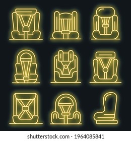 Baby car seat icons set. Outline set of baby car seat vector icons neon color on black