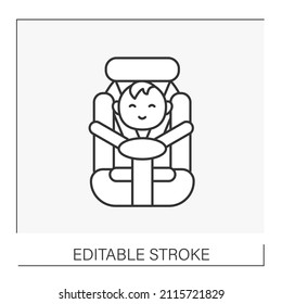  Baby car seat line icon. Happy toddler inside automobile seat. Protect during a car crash. Childhood concept. Isolated vector illustration. Editable stroke