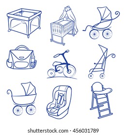 Baby car seat, pram, bag, cradle, carriage, playpen icons