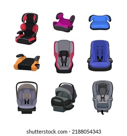 baby car seat set cartoon. safety child, kid chair, infant belt, toddler travel baby car seat vector illustration