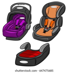Baby car seats vector set. Cartoon illustration isolated on white background. Child safety seats group 0, 0+, 1, 2 and 3.