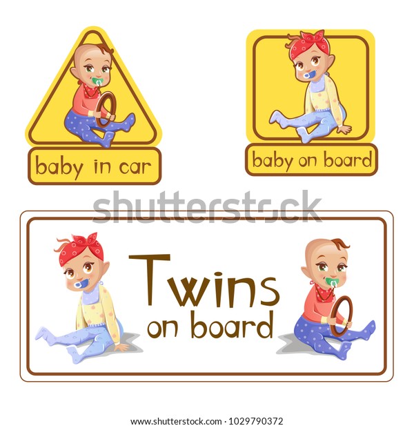 Baby in car sign stickers vector illustration.\
Twins girl and boy baby on board with steering wheel isolated\
warning labels set of advisory alarm or baby child safety caution\
for car drivers notice