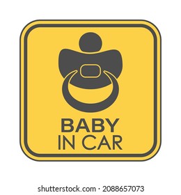 BABY IN CAR. A square sign with a baby pacifier and an inscription. Vector illustration.
