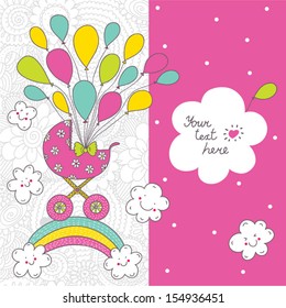 Baby card. The birth of a girl. Cute illustration.