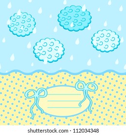 Baby Card with Bow Drops Clouds and Label for Text. Vector Invitation Background