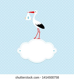 Baby Card Boy Stork On Cloud Dots Background Blue