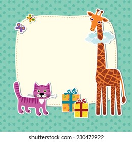 Baby  card with a cat and a giraffe with a frame and gifts butterflies fly