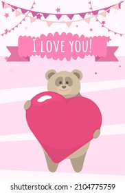 Baby card with a cute bear and a heart. Card for a girl in pink colors with stars and flags. I love you lettering. Flat style illustration in vertical format.