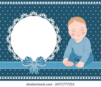 Baby card with a cute baby boy and a lace template with a bow for text. Design for newborns. Illustration