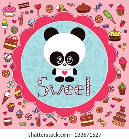 Baby card with cute little panda against the background of sweets