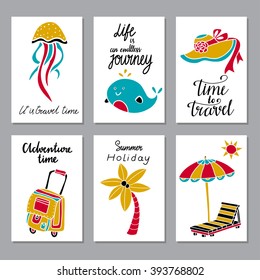 Baby card design set isolated, jellyfish, whale, hat, bag, palm tree, deck chair, beach umbrella, sun, calligraphic text, handwriting