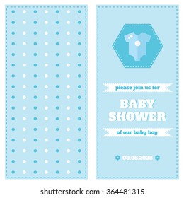 Baby card design template. Baby shower card. Two-side card. Welcome baby card. Blue card for newborn baby boy. Design elements for card, invitation, banner, flyer. Flat style vector illustration.