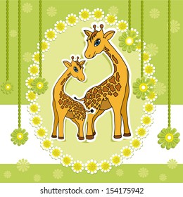 baby card with giraffe on green background