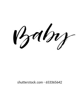 Baby card. Ink illustration. Modern brush calligraphy. Isolated on white background.