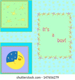 baby card with patchwork squares, moon and stars. Vector, EPS 10