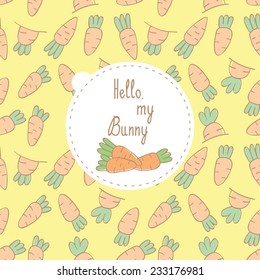 baby card with a pattern of carrots. Includes background seamlessly pattern and label for text greetings