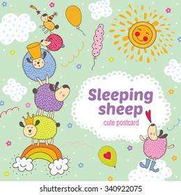 Baby card with sleeping sheep. Cute vector.