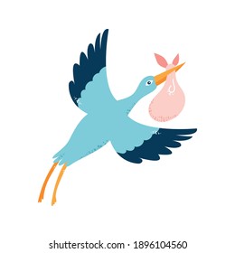Baby card. The stork is carrying a child. Vector illustration on white isolated background.