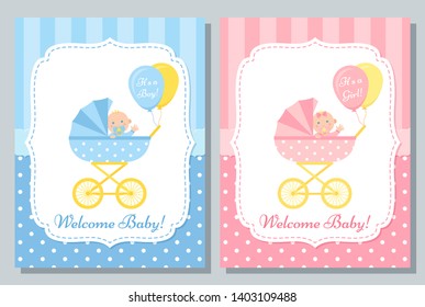 Baby Card. Vector. Baby Shower Boy And Girl Invite Banner. Blue, Pink Design Invitation. Cute Birth Party Background. Welcome Template. Happy Greeting Poster With Newborn Kid, Pram. Flat Illustration.