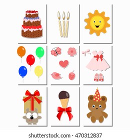Baby cards with birthday elements for girls. happy birthday, holiday, baby shower and arrival celebration greeting and invitation card. template greeting card or invitation. Baby vector illustration.
