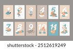 Baby cards with Cute Sleeping Baby Animals and numbers for a newborn baby girl or boy. 1-11 months and 1 year old. Baby Birthday Card. Print for children's room