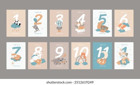 Baby cards with Cute Sleeping Baby Animals and numbers for a newborn baby girl or boy. 1-11 months and 1 year old. Baby Birthday Card. Print for children's room