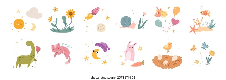 Baby cards decoration. Vector in flat style, isolated set of positive personages, nature and cosmic theme. Aquatic and galaxy, dinosaur and moon, rabbit with carrot and bird with nest and eggs