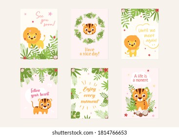 
Baby cards in pastel colors with wild animals, flowers and plants