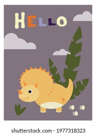 baby cards, posters with cute dinosaurs and plants, for room decoration and design, flat animals, stylized vector graphics