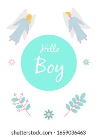 Baby cards for Baby shower.  Angels. Postcard or party templates in blue and pink with charming animals.