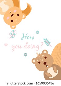 Baby cards for Baby shower.  Beaver and gopher. Postcard or party templates in blue and pink with charming animals.
