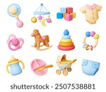 Baby care 3d elements. Stroller toys crockery and hygiene. Newborn tools realistic render isolated clothes and pacifier, pithy vector collection