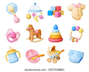 Baby care 3d elements. Stroller toys crockery and hygiene. Newborn tools realistic render isolated clothes and pacifier, pithy vector collection