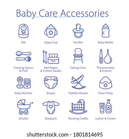 Baby care accessories for feeding, newborn crib, milk bottle, kid highchair, bib, diaper, rocker, stroller. Pediatrics thin line icons set. Child nursing isolated linear vector illustrations