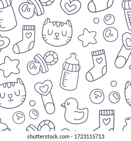 Baby care accessories hand drawn seamless pattern. Bottle, sock, pacifier, cat and duck elements. Cute Scandinavian style design. Black and white template  isolated on white background
