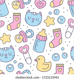 Baby care accessories hand drawn seamless pattern. Bottle, sock, pacifier, cat and duck elements. Cute Scandinavian style design.