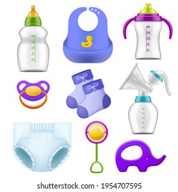 Baby Care Accessories. Realistic Childish Isolated Items, Nutritional And Hygiene Products, Milk Bottles And Rattles, Rubber Pacifier And Diaper, Manual Breast Pump And Socks Vector Set