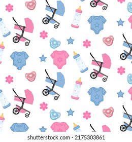 Baby care accessories seamless pattern. Bottle, pacifier, stroller, clothes. Vector illustration.