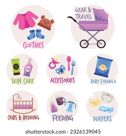 Baby care accessories, set of flat vector illustrations isolated on white background. Icon for shop with newborn and infant supplies. Cute clothes, stroller, crib, baby formula, skin care and diapers.