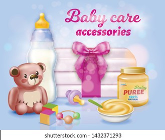 Baby Care Accessories Set on Blue Background, Wrapped Stack of Diapers, Teddy Bear, Feeding Bottle with Milk, Comforter, Jar with Mashed and Plate with Puree and Spoon 3D Vector Realistic Illustration