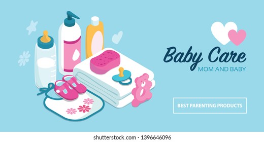 Baby care accessories and shower items, childhood and maternity concept svg