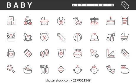 Baby care appliance, accessories and objects, thin red black line icons set vector illustration. Abstract outline pictogram collection with stroller, teddy bear, girl and boy faces, diaper for toddler